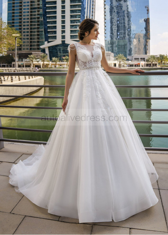 Scalloped V Neck Beaded White Lace Tulle Wedding Dress